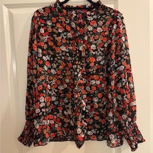 Tahari Red and Orange Ruffled Long Sleeve Blouse